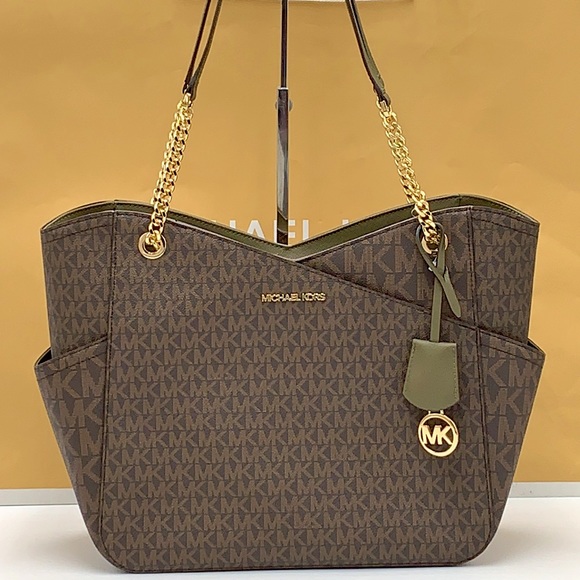 Michael Kors Jet Set Large Xchain Logo Shoulder Tote Bag Olive/Brown Color